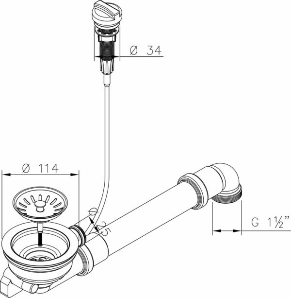 Ablaufgarnitur Ø114 mm mit Raumschaffer Überlauf und Drehbetätigung für Küchenspüle