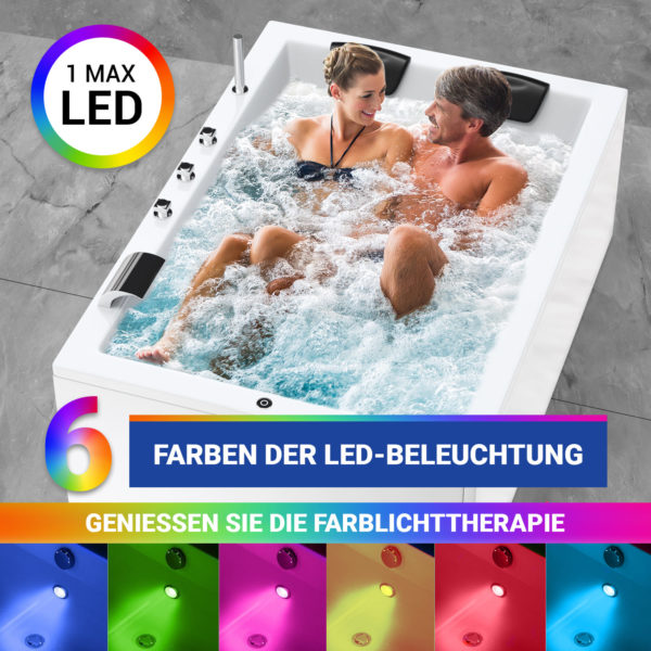 Luxus Whirlpool Badewanne 180x130 cm mit 24 Düsen und LED Beleuchtung