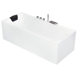 Badewanne 180 x 80 cm Acryl Komplett Set mit integrierter Armatur, LED-Beleuchtung und Nackenkissen