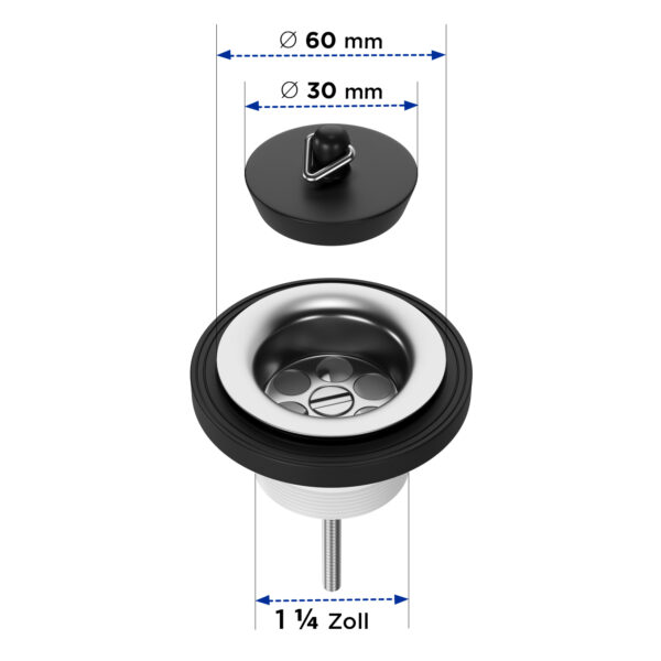 AQUADE Ablaufventil Ventil mit Stopfen 1 1/4 x 30 mm Ø 60 mm für Spülbecken